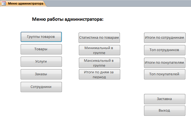Форма «Меню работы администратора». База данных Фотосалон в аксесс.